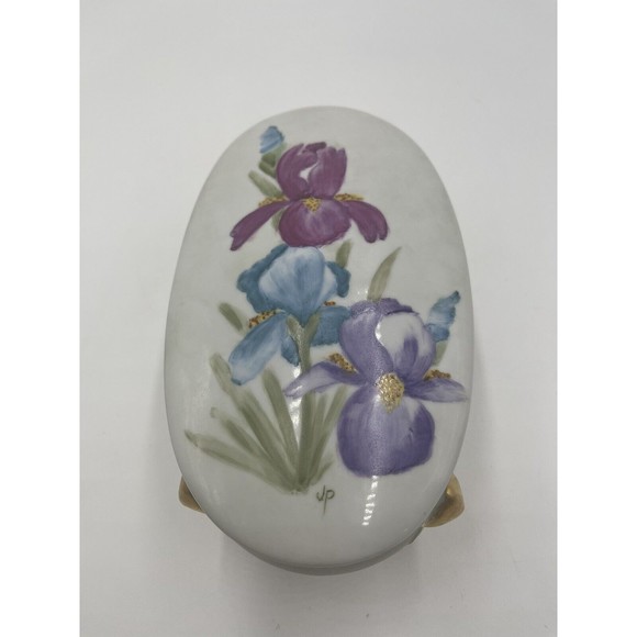 Antique Hand Painted Porcelain Jewelry Box Trinket Footed Box Signed Chiz - Picture 4 of 7